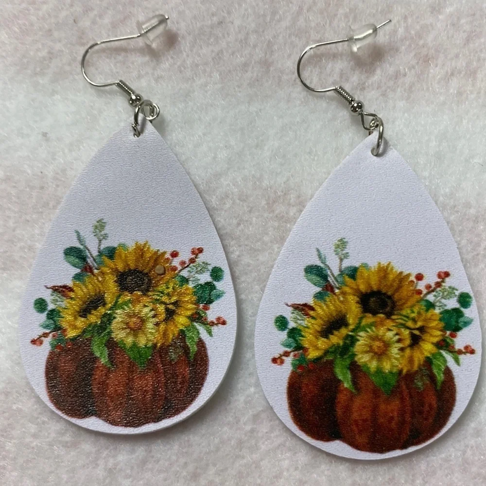 Faux Leather Teardrop Sunflower Earrings Printed both sides (CO)